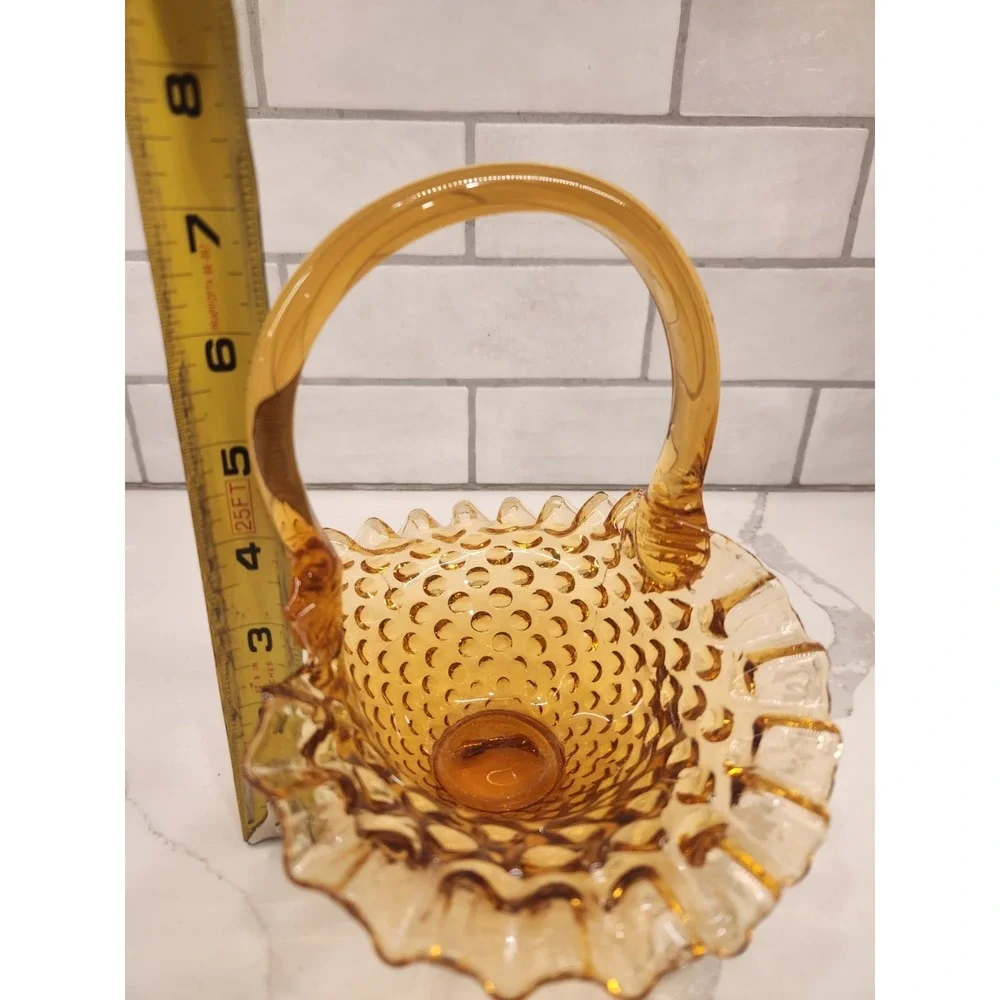 Fenton Vintage Amber Hobnail Glass Basket Ruffled Crimped Edges